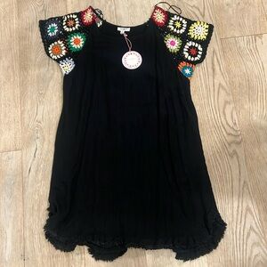 Umgee Crochet Sleeve Black Bohemian Dress Knee Length Linen. Size small